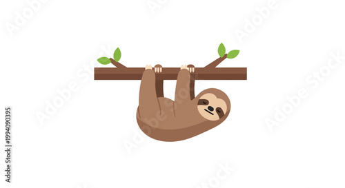 Adorable cartoon sloth hanging from a tree branch with green leaves.