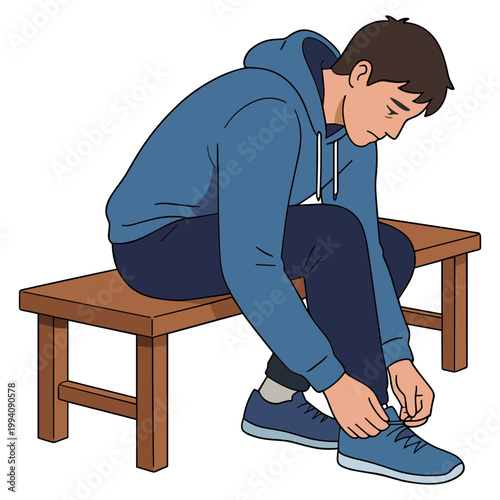 A man sits on a bench tying his shoes carefully indoors.