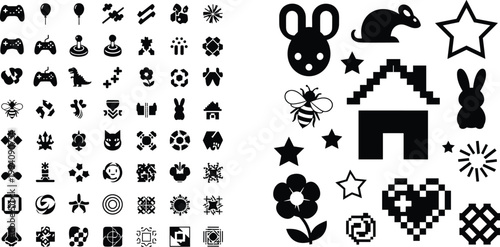 Huge pixel art and minimalist icon mega set featuring 8-bit hearts houses bees stars gaming controllers and cute animal silhouettes for retro digital design