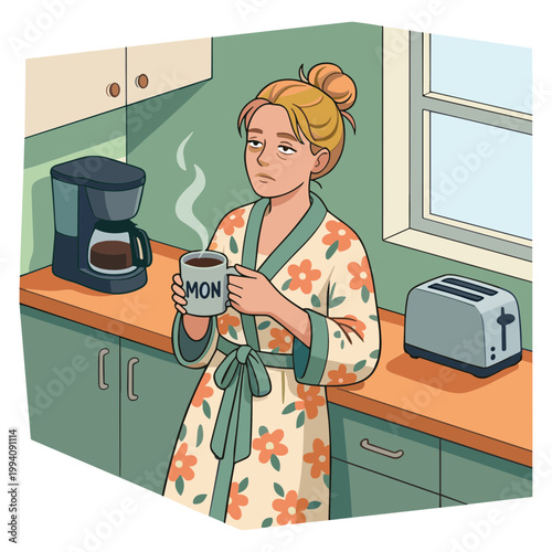 Woman in floral robe holds coffee mug standing beside kitchen counter with toaster and coffee maker