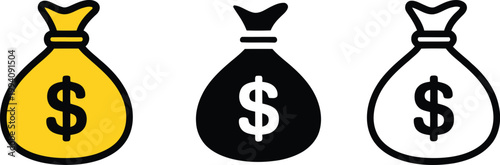 Money bag icon set, flat vector illustrations of financial sack icons in minimalist line style representing savings wealth investment and business economy concepts.