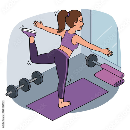 Woman performs yoga on purple mat with dumbbells nearby indoors.