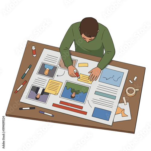 Man working on large papers at desk with various office supplies