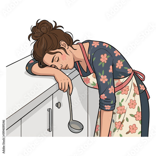 Woman leans on kitchen counter exhausted with ladle in hand