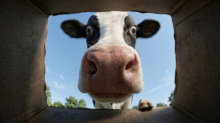 A curious cow peers through a wooden, looking directly at the camera with its pink nose and ears perked up in a sunny farm.