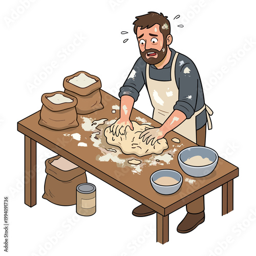 Man kneads dough on wooden table in messy kitchen environment