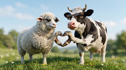 Eid al-Adha celebration with cow and sheep forming heart shape 
