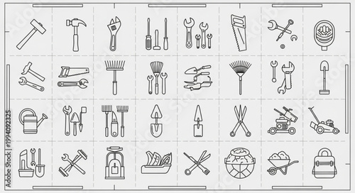Collection of vintage garden tools and equipment illustrations.