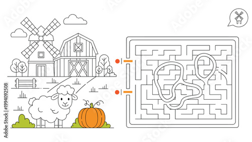 Fun maze game for kids featuring a farm scene with a sheep, a pumpkin, a barn, and a windmill, designed as a black and white coloring page.