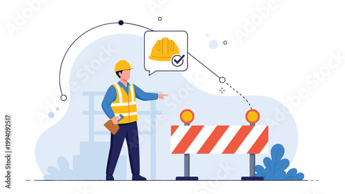 Construction worker in a yellow safety vest and helmet standing near a barricade and pointing toward a safe helmet icon on the screen.