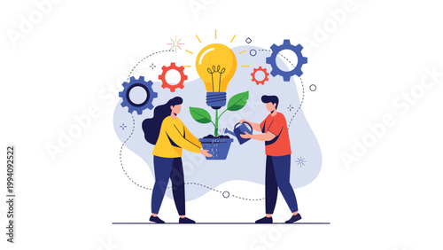 Man and woman watering a plant growing out of a light bulb, representing the growth of a creative idea and collaborative business innovation.