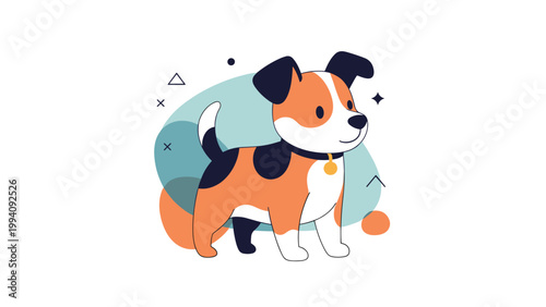 Cute cartoon puppy with orange and black spots wearing a collar with a gold tag, set against a background of soft abstract shapes.