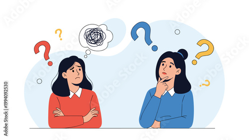 Two young women looking puzzled and thinking with colorful question marks and a scribble bubble above their heads, representing confusion.
