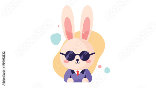 Adorable cartoon bunny rabbit wearing a purple suit and stylish black sunglasses, isolated on a background with soft yellow and blue blobs.
