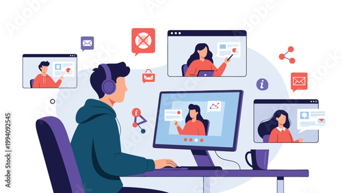 Student wearing headphones and attending an online video conference with multiple participants shown on different floating digital windows.