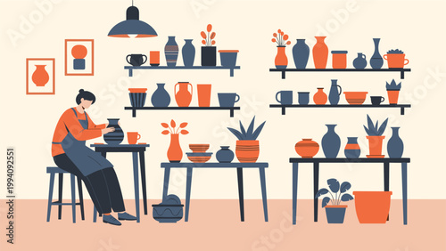 Female potter working on her wheel in a cozy pottery studio filled with various ceramic vases, pots, and plants displayed on shelves.