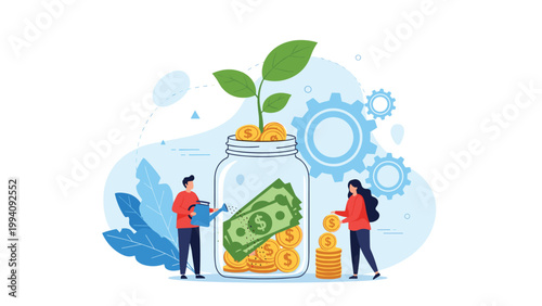 Couple saving money by putting coins into a large glass jar filled with dollar bills, with a plant growing on top representing financial growth.