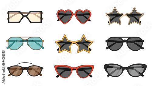 Set of nine different stylish sunglasses with various frame shapes and lens colors, including heart and star designs for fashion use.
