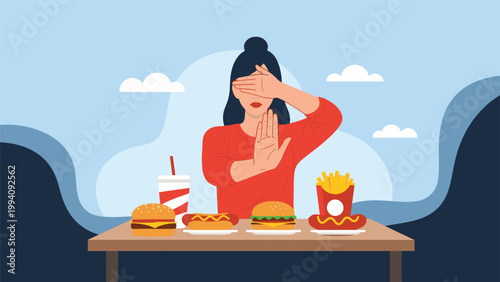 Woman covering her eyes and making a stop gesture toward a table full of unhealthy fast food like burgers, hot dogs, and soda drinks.
