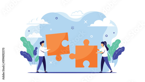 Two people collaborating to fit two large orange puzzle pieces together against a blue abstract background, symbolizing problem solving.