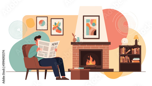 Relaxed man sitting in a comfortable armchair and reading a newspaper by a cozy fireplace in a modern, well-decorated living room.
