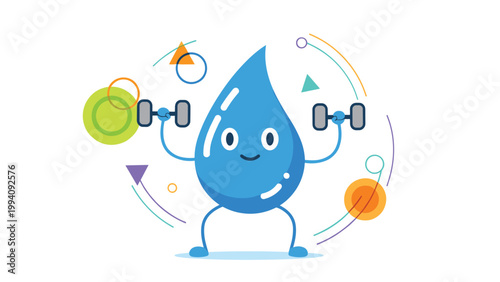 Strong cartoon water drop character lifting dumbbells in a workout session, surrounded by colorful geometric shapes and energy lines.