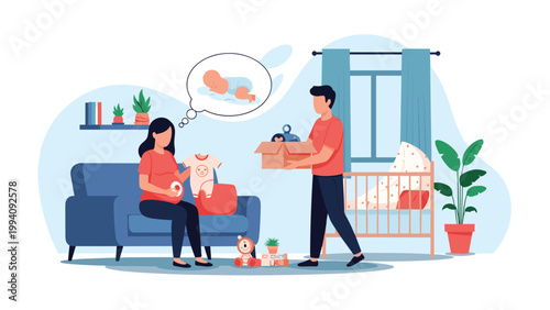 Expectant couple preparing for their baby's arrival, with the pregnant woman holding a tiny outfit while the man carries a box of toys.