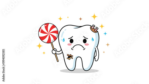 Sad cartoon tooth character with cavities and a bandage holding a large red and white lollipop, highlighting the effects of sugary food.