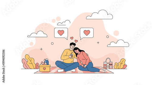 Romantic couple enjoying a picnic on a checkered blanket in a park, with heart speech bubbles above them showing their love for each other.