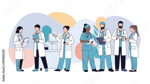 Group of diverse medical professionals in white coats and blue scrubs standing together in a modern hospital setting for a team photo.