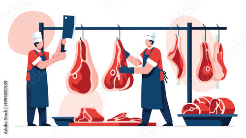 Professional butchers in aprons and hats working in a shop, hanging large pieces of fresh meat on hooks and preparing cuts for customers.