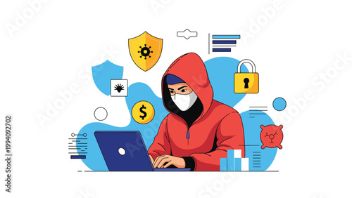 Cybercriminal in a red hoodie and white mask using a laptop for hacking, surrounded by digital security icons like shields, locks, and viruses.