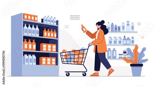 Woman wearing a stylish orange coat pushing a full shopping cart through a grocery store aisle while selecting a bottle from the shelf.