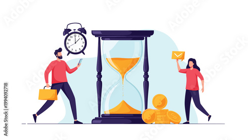 Two business professionals managing their time around a giant hourglass, with an alarm clock and gold coins representing time and money.