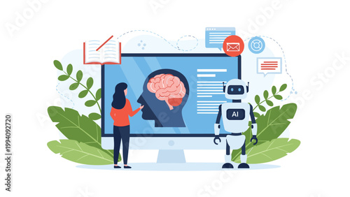 Scientists and artificial intelligence robot studying the human brain function on a large computer screen in a lab.