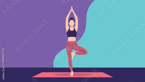 Fit woman practicing the tree yoga pose on a pink mat against a purple and teal abstract background, promoting health and mindfulness.