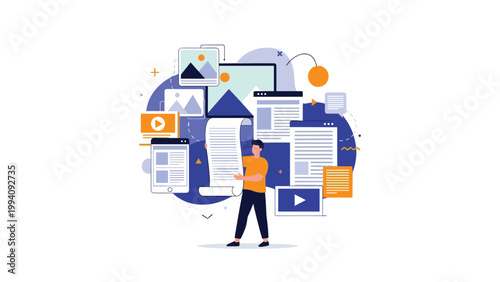 Content creator standing in front of multiple digital screens and media icons, holding a long scroll symbolizing diverse online material.