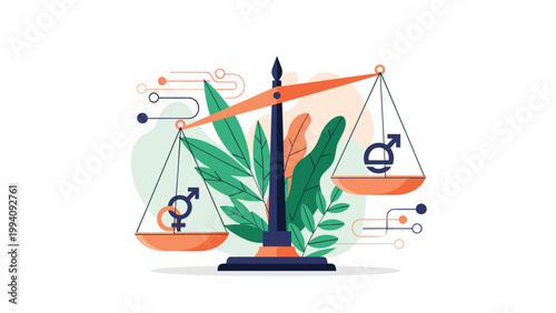 Balanced scales of justice featuring male and female gender symbols surrounded by green leaves, representing equality and social fairness.