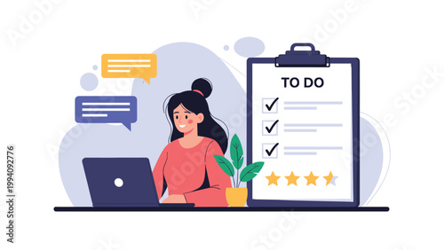 Female freelancer working on her laptop with a large to-do checklist and gold star ratings nearby, representing productivity and success.