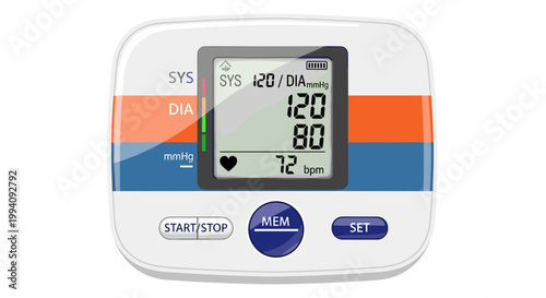 Digital blood pressure monitor with vibrant screen displaying systolic and diastolic readings, heart rate indicator, sleek white design with colorful accents
