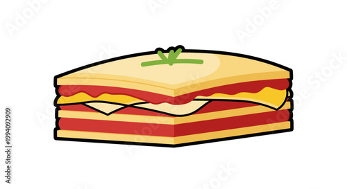 Illustration of a layered lasagna slice on a plate with a garnish, featuring vibrant colors and a minimalist design against a white background
