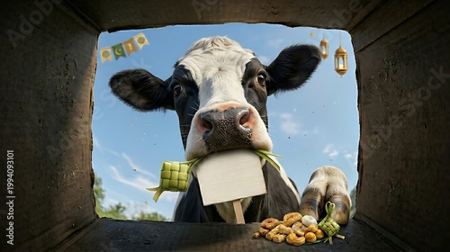 Cow eagerly awaits Eid al-Adha celebrations with food nearby