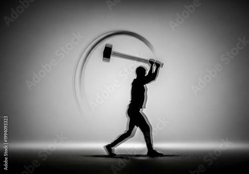Silhouette of a Man Swinging a Sledgehammer with Motion Blur in Black and White