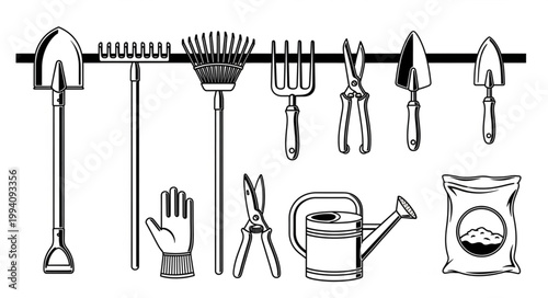 Collection of Gardening Tools and Supplies for Planting.