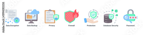Data Protection web banner icon vector illustration with icons of Data Encryption,Data Backup,Privacy,Firewall,Protection,Database Security and Password