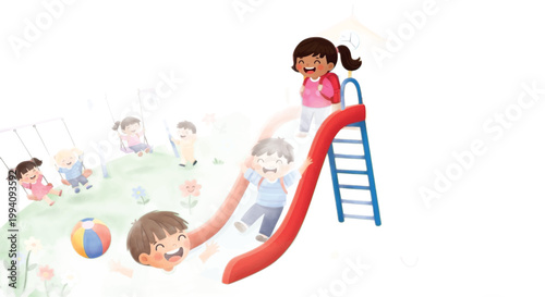 Colorful illustration of kids playing on a playground slide, children having fun outdoors