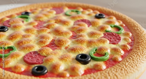 Stylized 3D Rendered Pizza with Bubbly Cheese and Toppings