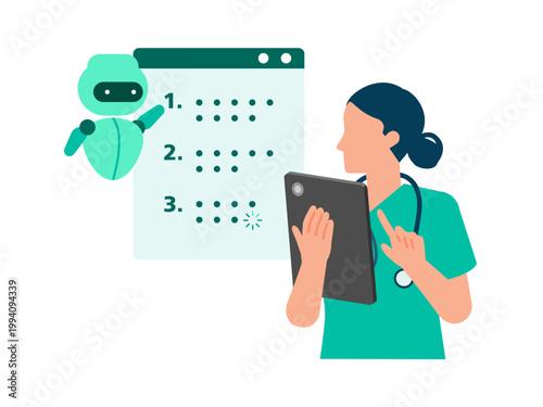 Female doctor researching medical database with AI powered information retrieval and document summarization system on tablet for healthcare DX knowledge management