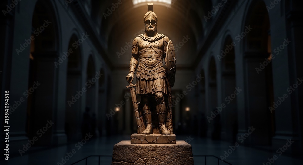 Fototapeta premium Ancient Warrior Statue Standing Proudly in a Grand Hall.