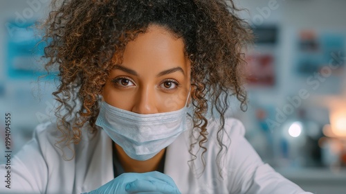 A serious portrait of a young Black woman researcher wearing a protective face mask and blue surgical gloves in a high-tech laboratory environment.